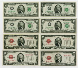 U.  S.  $2 Note Assortment (4) 1928 U.  S.  Note Red Seals & (4) 1976 Frn 