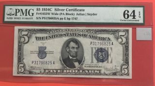 Gem 1934 - C $5 Silver Certificate Pmg 64 Epq Fr 1653w