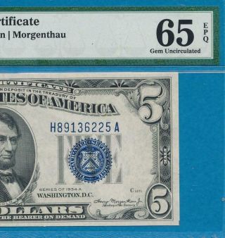 $5.  00 1934 - A Silver Certificate Blue Seal Pmg Certified Gem 65epq