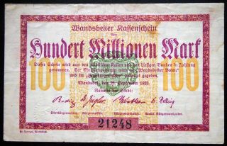 Wandsbek 1923 100 Million Mark Inflation Notgeld German Banknote