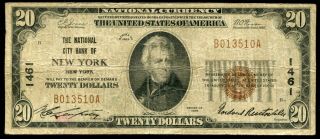 929 $20 The National City Bank Of York,  Ny National Currency Ch.  1461
