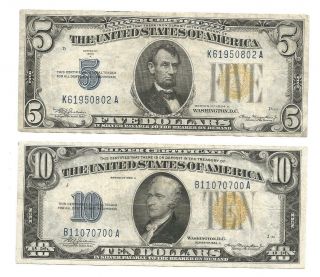 1934 A $5 - $10 Dollar Silver Certificate Yellow Seal Wwii North Africa
