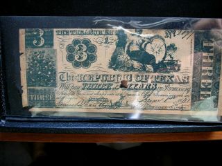 1841 Republic Of Texas 3 Dollar Note Printed Ob Both Sides