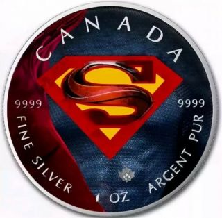 2016 Canada Maple Superman Shield Colorized 1oz.  9999 Silver Coin - Box &