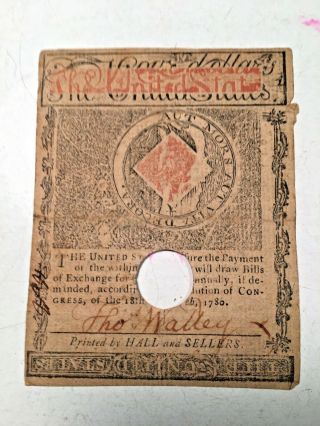 1780 Hall And Sellers $4 Continental Note,  Hole Cancel