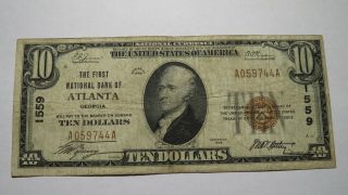 $10 1929 Atlanta Georgia Ga National Currency Bank Note Bill Ch.  1559 Fine