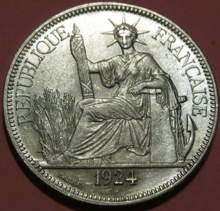 1924 French Indo - China Piastre Silver Coin Au,  Cond.  Seated Liberty Design