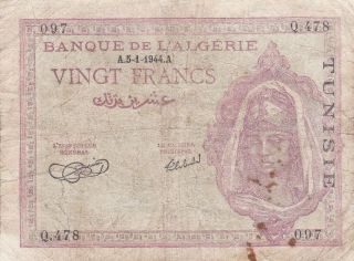 20 Francs Vg Banknote From French Tunisia 1944 Pick - 17