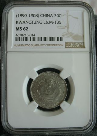 1890 - 1908 China Kwangtung 20 Cents Ngc Ms - 62 L&m - 135