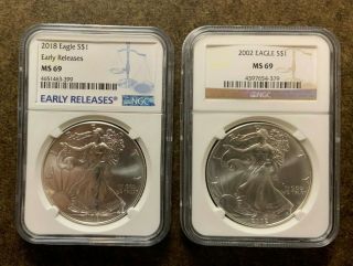 2002 & 2018 Ngc Ms69 American Silver Eagle Coins -