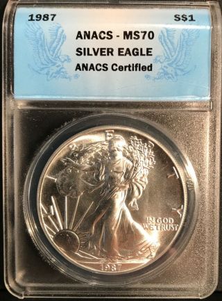 1987 $1 American Silver Eagle Dollar - Anacs Ms70 - Perfect Grade