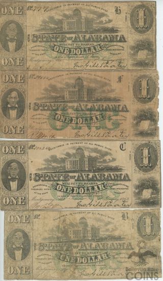 Set Of 4: 1863 Series State Of Alabama $1 One Dollar Civil War Treasury Notes