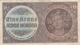 1 Koruna Fine Banknote From Bohemia Moravia 1940 Pick - 3