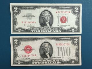 Two Red Seal $2 Two - Dollar Bills - United States Notes - 1928 - G And 1963