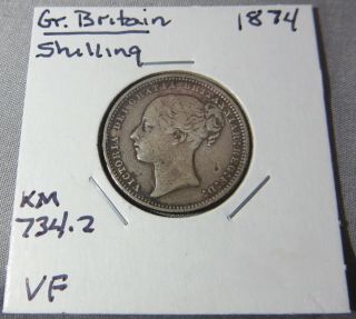 1874 Silver Great Britain 1 Shilling,  Queen Victoria,  1st Portrait