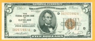 1929 Federal Reserve Bank Of Cleveland,  Ohio $5 National Currency Note