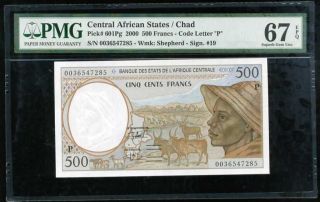 Central African States Chad 500 Francs 2000 P 601 P Gem Unc Pmg 67 Epq