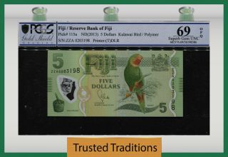 Tt Pk 115a 2013 Fiji Reserve Bank 5 Dollars " Endemic Kulawai " Pcgs 66 Opq