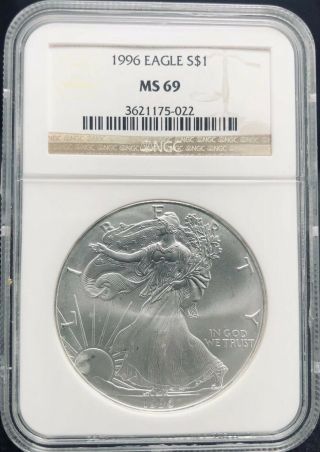 1996 $1 American Silver Eagle Ngc Ms69 Light Spotting (1952)