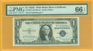 $1 1935 G With Motto Silver Certificate Fr 1617 Pmg 66 Epq (dj Block)