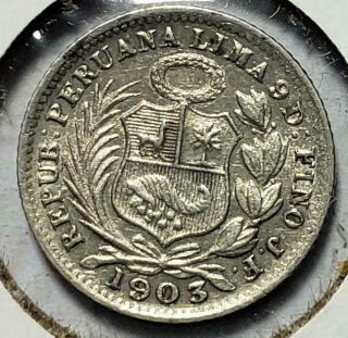 Peru,  1/2 Dinero,  1903/803 Jf,  Almost Uncirculated, .  0362 Ounce Silver