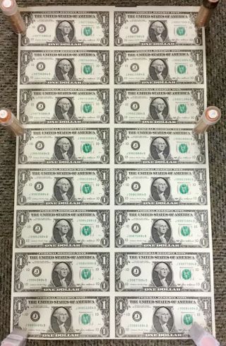 1985 $1 Frn Uncut Sheet Of 16,  Shows Both Plate Numbers J Kans.  City