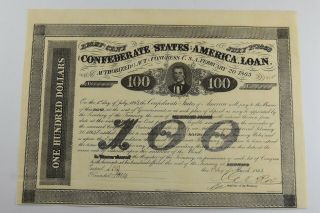 Authentic - 1863 Confederate States - Civil War $100 Bond Certificate 630