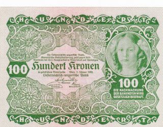 100 Kronen Very Fine Crispy Banknote From Austria 1922 Pick - 77