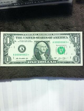 2013 $1 One Dollar Star Note Low Serial 00000063 Circulatedcondition
