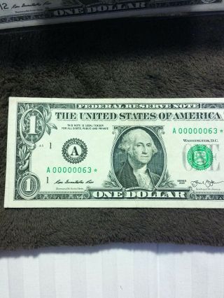 2013 $1 ONE DOLLAR STAR NOTE Low Serial 00000063 CirculatedCondition 3