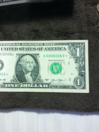 2013 $1 ONE DOLLAR STAR NOTE Low Serial 00000063 CirculatedCondition 4