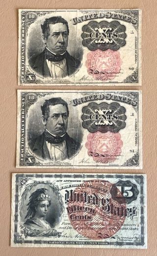 Us Fractional Currency.  1863 15 Cents & 2 - 1874 10 Cents.