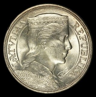 1931 Latvia 5 Lati Silver Coin - Gem Bu Lustrous - Km 9