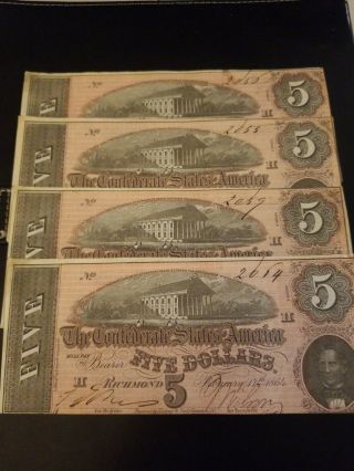1864 Uncirculated Confederate Currency 4 - 5 Dollar Bills Near Consecutive Serial
