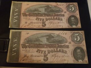 1864 Uncirculated Confederate Currency 4 - 5 Dollar Bills Near Consecutive Serial 2