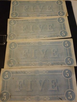 1864 Uncirculated Confederate Currency 4 - 5 Dollar Bills Near Consecutive Serial 4