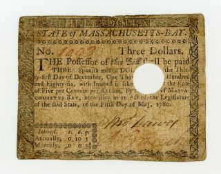 (ma - 280) May 5th,  1780 $3 Massachusetts Colonial Currency Note