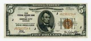 1929 Fr.  1850 - J $5 U.  S.  (kansas City,  Missouri) Federal Reserve Bank Note