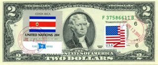 $2 Dollars 1995 Stamp Cancel Flag Of Un From Costa Rica Lucky Money Value $99.  95