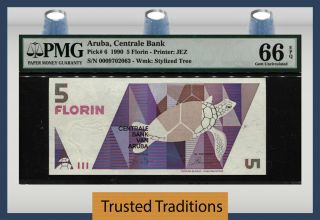 Tt Pk 6 1990 Aruba Centrale Bank 5 Florin " Sea Turtle " Pmg 66 Epq Gem Unc