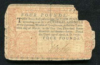 Pa - 224b April 10,  1777 4p Four Pounds Pennsylvania Colonial Currency Note