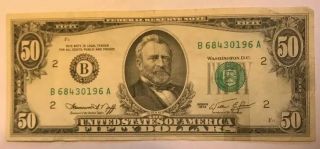 1974 (b) $50 Fifty Dollar Bill Federal Reserve Note York Old Note