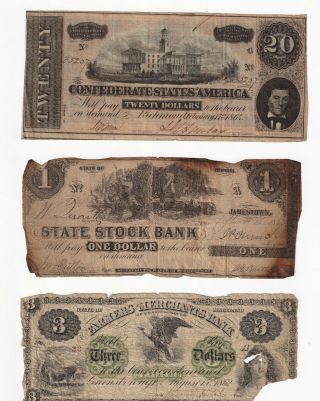 Three Obsolete And Confederate Currency Notes