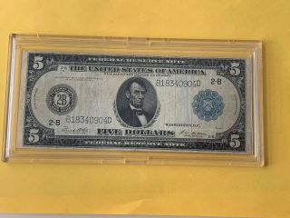 1914 Large Size $5 Blue Seal Federal Reserve Note York Ny Us Paper Money