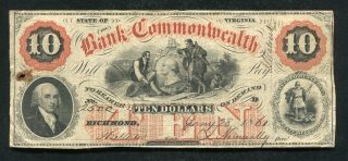 1858 $10 The Bank Of The Commonwealth Richmond,  Va Obsolete Banknote (b)