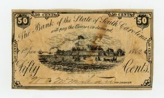 1862 50c The Bank Of The State Of South Carolina Note W/ Fort Moultrie