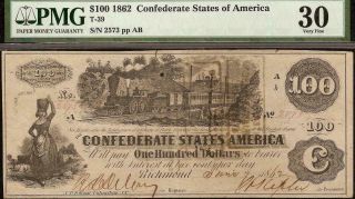 1862 $100 Dollar Bill Confederate States Currency Civil War Note Money T - 39 Pmg