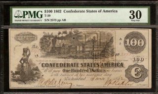 1862 $100 DOLLAR BILL CONFEDERATE STATES CURRENCY CIVIL WAR NOTE MONEY T - 39 PMG 3