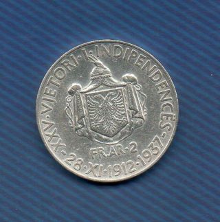 Albania Coins 1937,  2 Frank Silver,  25 Anniv.  Indipendente,