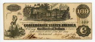 1862 T - 39 $100 Confederate States Of America Note - Civil War Era W/ Train